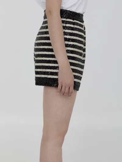 Balmain Black And White Striped Shorts With Jewel Buttons In All-over Sequins Fabric Woman In Black
