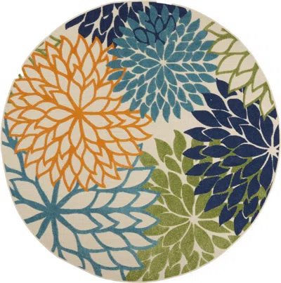 Homezia 8' Round Ivory And Blue Round Floral Indoor Outdoor Area Rug