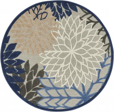 Homezia 5' Round Blue And Gray Round Floral Indoor Outdoor Area Rug