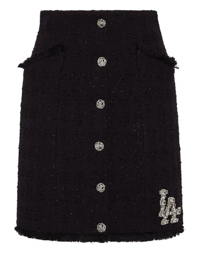 Philipp Plein Crystal Skull Tweed Short Skirt In Black