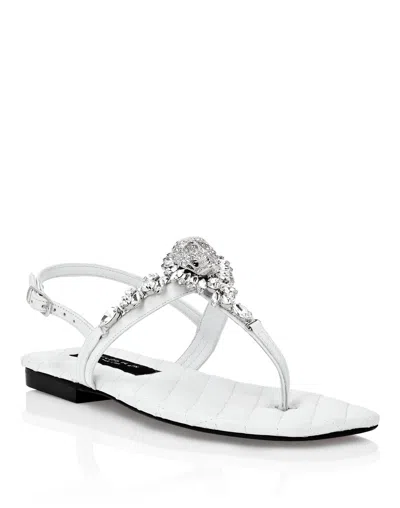 Philipp Plein Sandals Flat Crystal Skull With Crystals In White