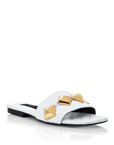 Shop Philipp Plein Matelassè Sandals Flat Studs In White