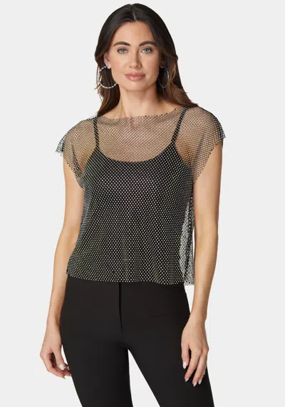 Bebe Rhinestone Fishnet Top With Knit Tank In Black