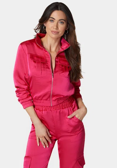 Bebe Laundered Satin Front Patch Pocket Bomber Jacket In Cabaret
