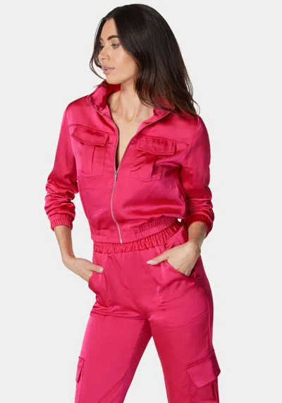 Bebe Laundered Satin Front Patch Pocket Bomber Jacket In Cabaret