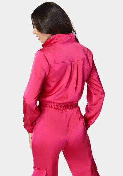 Bebe Laundered Satin Front Patch Pocket Bomber Jacket In Cabaret