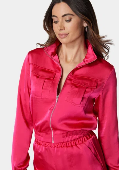 Bebe Laundered Satin Front Patch Pocket Bomber Jacket In Cabaret