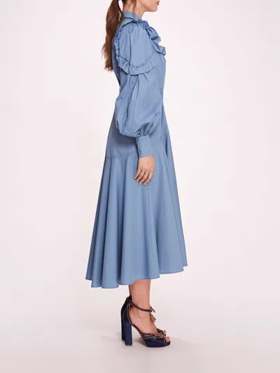 Marchesa Rosette Ruffle Midi Dress In Denim Blue