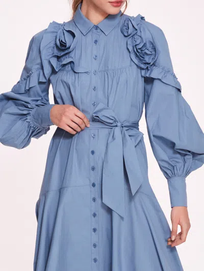 Marchesa Rosette Ruffle Midi Dress In Denim Blue