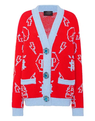 Philipp Plein Jacquard Logo Cardigan In Red