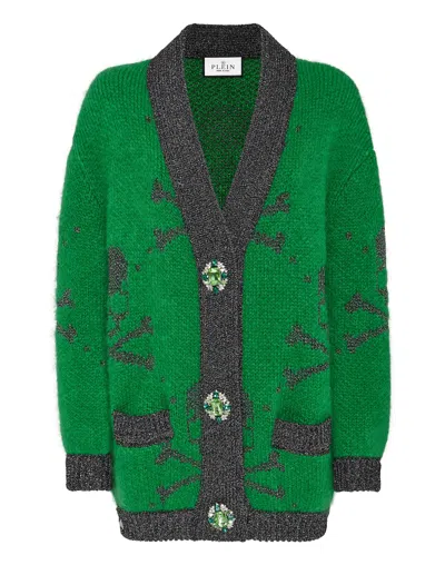 PHILIPP PLEIN LUREX MOHAIR CARDIGAN V NECK SKULL & BONES 