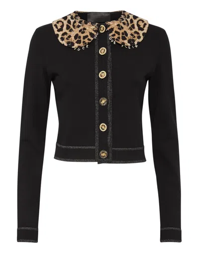 Philipp Plein Leopard Print Collar Cardigan In Black