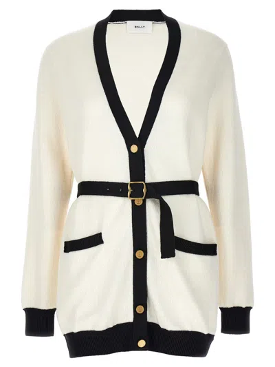 Bally Logo Jacquard Belted Cardigan In White/black