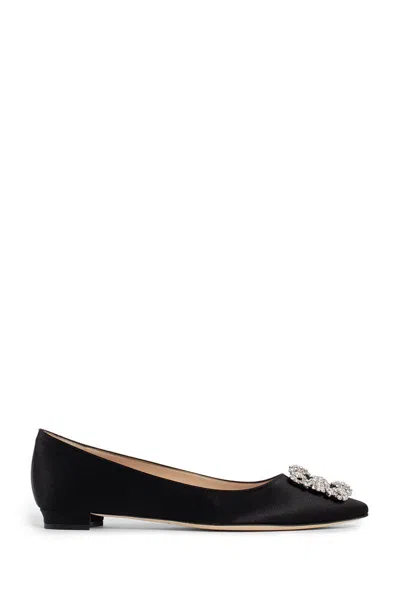 Manolo Blahnik Hangisi Fmc Crystal Buckle Satin Flats In Black