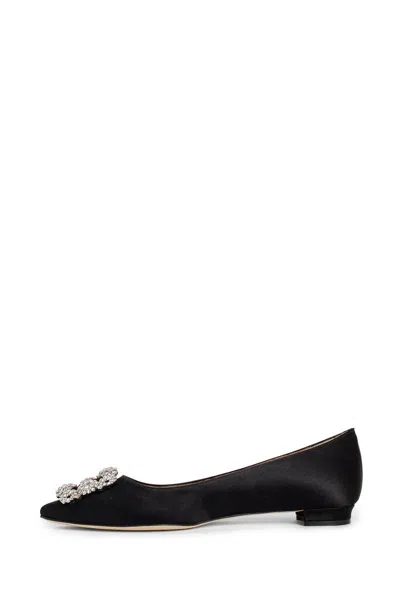 Manolo Blahnik Hangisi Fmc Crystal Buckle Satin Flats In Black