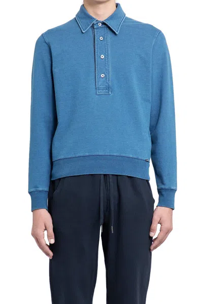Tom Ford Polo-collar Cotton-blend Sweatshirt In Blue