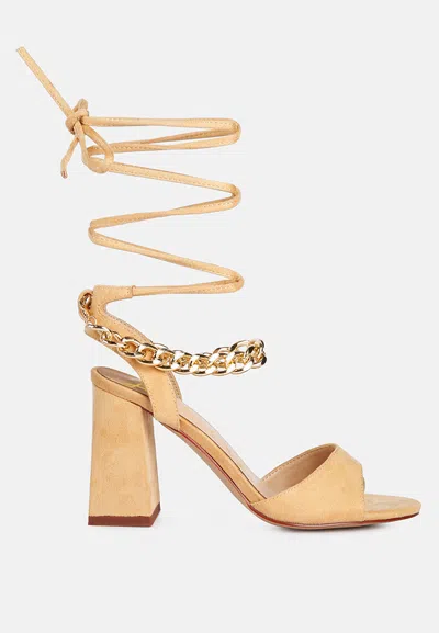 London Rag Gone Gurl Chain Detail Tie Up Block Heels Sandal In Beige