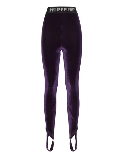 Philipp Plein Logo-underband Velvet Leggings In Purple
