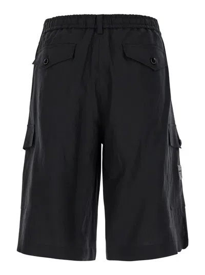 Shop Dolce & Gabbana Black Bermuda Shorts With Logo Patch In Linen Man