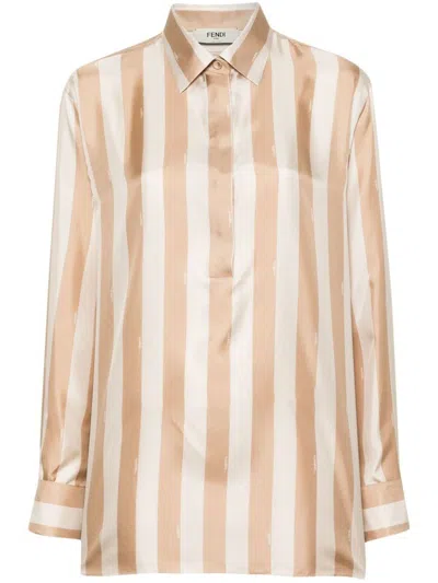 Fendi Beige Pequin-stripe Silk Shirt In Nude & Neutrals
