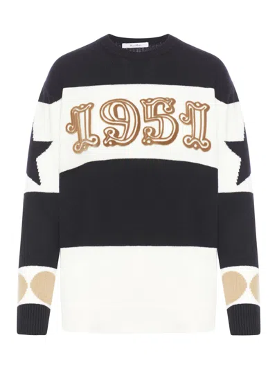 Max Mara Wool And Cashmere Sweater With Flocked 1951 Motif In Black