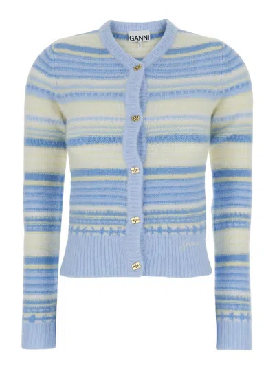 Shop Ganni Multicolor Striped Cardigan With Logo Embroidery In Wool Woman