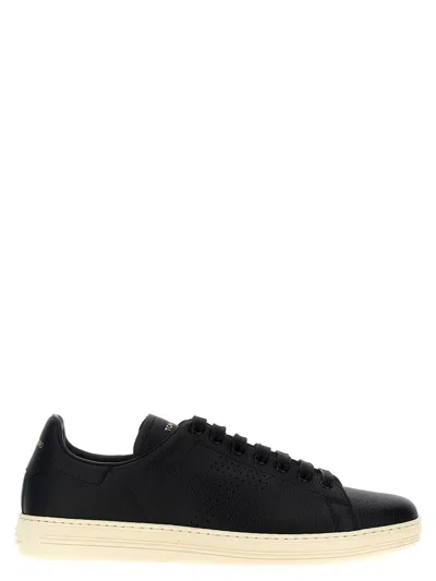 Shop Tom Ford Logo Leather Sneakers In White/black