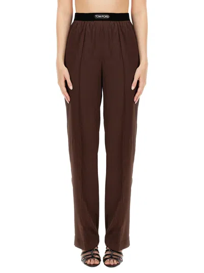 Tom Ford Pantaloni Pajama In Raso Di Seta Elasticizzato In Brown