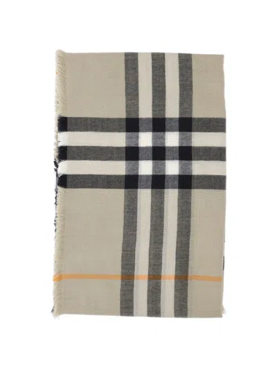 Shop Burberry Check Wool Scarf In Neutrals/black