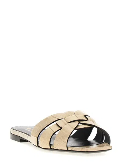Saint Laurent Tribute Crocodile-effect Leather Sliders In Beige