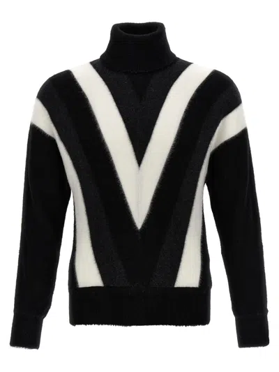 Saint Laurent Turtleneck Geometric Pattern Sweater In White/black