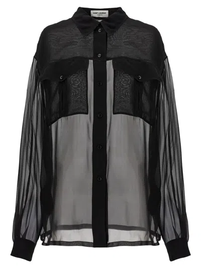Saint Laurent Silk Crepe Muslin Shirt In Black