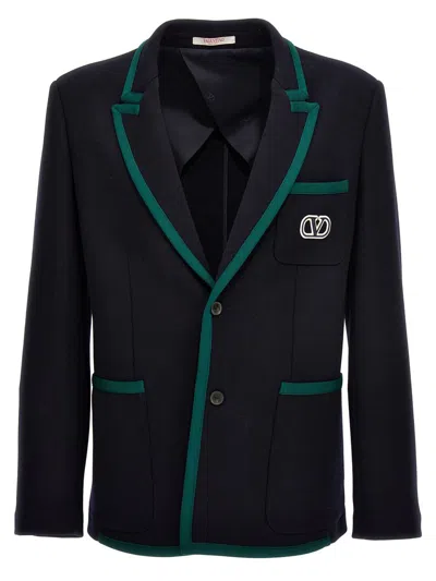 Valentino Tailored Cotton Blend Blazer With Back Slit And Sharp Lapels In Blue