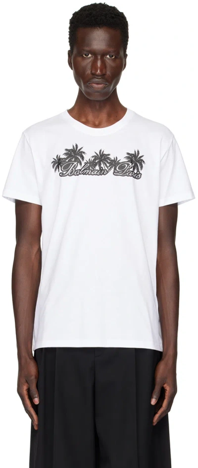 Shop Balmain White Palm Tree '' Signature Print T-shirt In Gab Blanc/noir