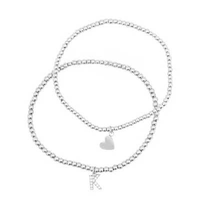 Adornia Silver Plated Stretch Bracelet Set With Mini Crystal Initial In Silver