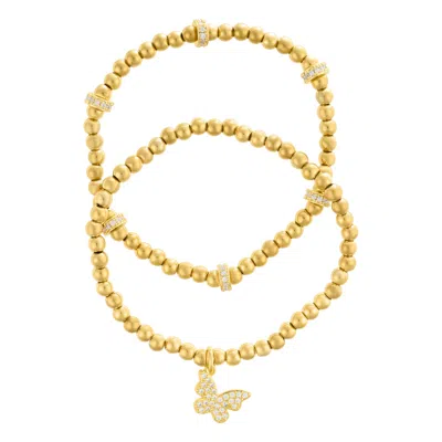 Adornia Gold Plated Pair Of Bead Bracelets With Crystal Butterfly In Gold