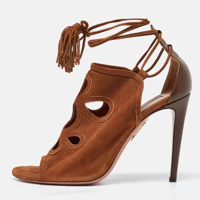 Pre-owned Aquazzura Brown Suede Cut Out Tassel Detail Ankle Wrap Sandals Size 39