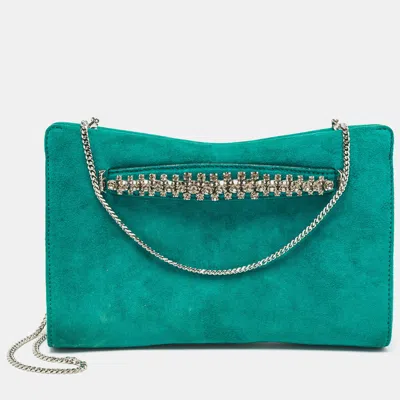 Pre-owned Jimmy Choo Green Suede Crystals Venus Clutch On Chain