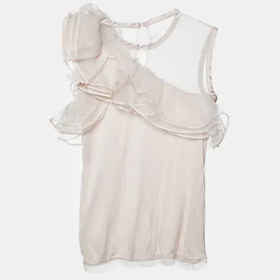 Pre-owned Valentino T Shirt Couture Valentino T-shirt Couture Pale Pink Jersey & Mesh Ruffled Top L