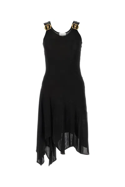 Bally Asymmetric Midi Dress With Ruffle Hem And V-neck In Black