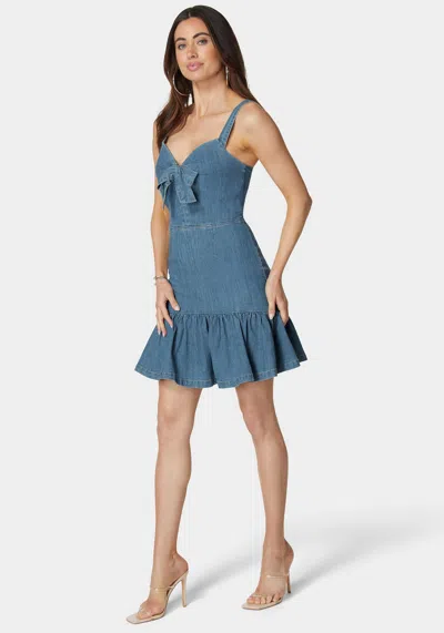 Bebe Front Tie Fit & Flare Denim Dress In Mezzo Wash