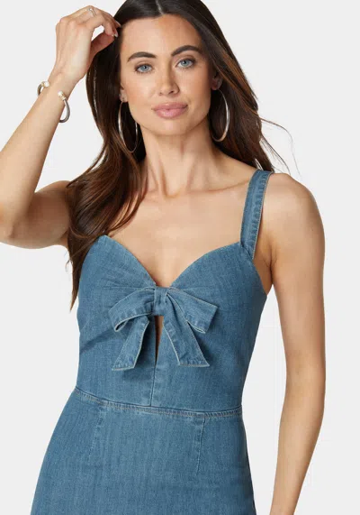 Bebe Front Tie Fit & Flare Denim Dress In Mezzo Wash