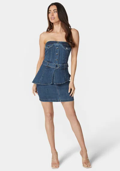Bebe Belted Peplum Denim Dress In True Blue Wash