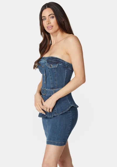 Bebe Belted Peplum Denim Dress In True Blue Wash