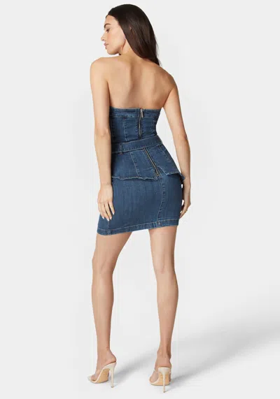 Bebe Belted Peplum Denim Dress In True Blue Wash