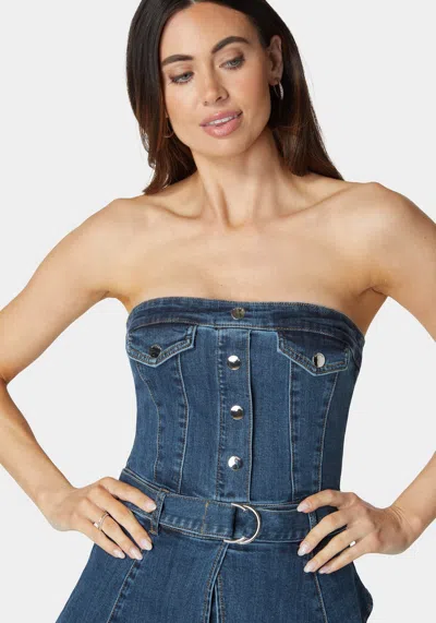 Bebe Belted Peplum Denim Dress In True Blue Wash