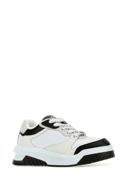 Versace White And Black Sneaker With Inserts And Chunky Sole In Leather Man In Multicoloured