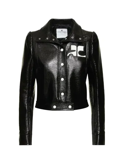 Courrèges Logo-print Faux-leather Cropped Jacket In Black