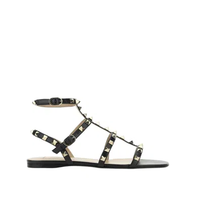 Valentino Garavani Rockstud Flat Calfskin Sandal With Straps Woman Black 41.5 In Black