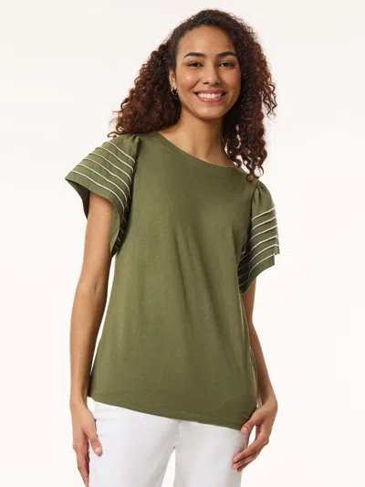 Jones New York Purl Stitch Flutter Sleeve Cotton Blend Knit Top In Multi